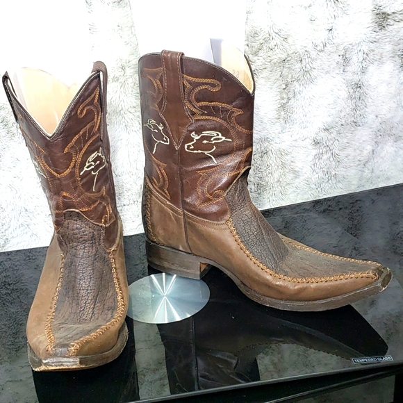 Antique Other - Antique Genuine Leather Cowboy Boots  Snip Toe Embroidered Bulls Size 8.5